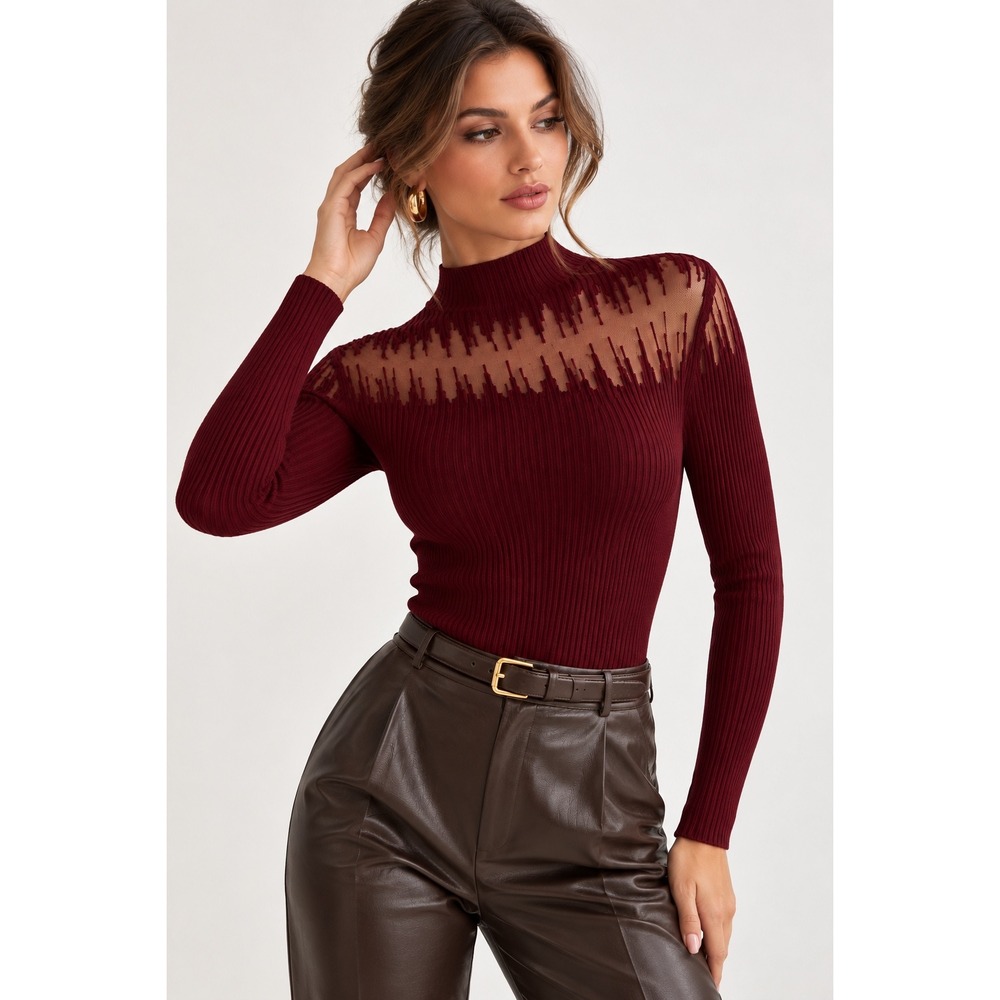 COMMENSE Burgundy Sheer Panel Mock Neck Ribbed Knit Sweater Top Size S